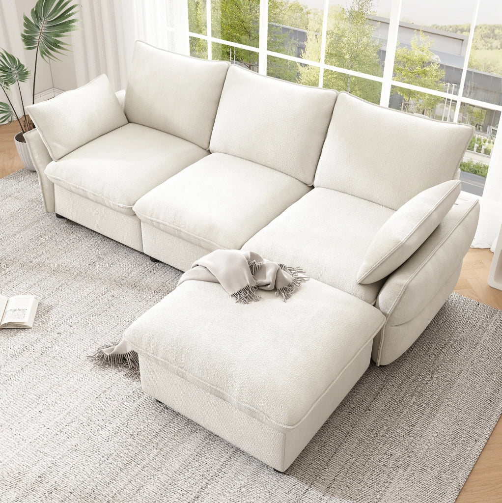 Divano angolare L in ciniglia beige con 2 cuscini