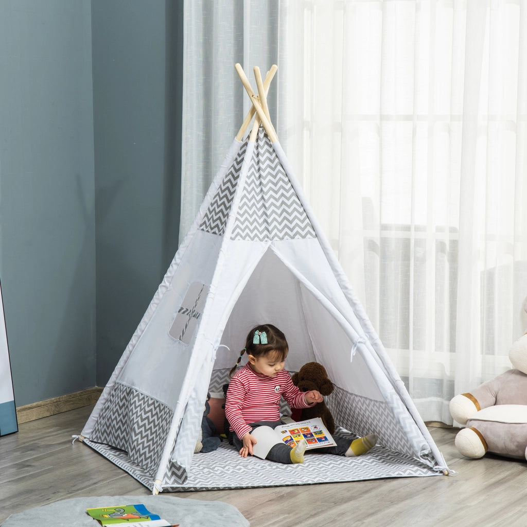 Casetta Tipi per Bambini in Legno con Ventana e Colchoneta ¨C Zephmum ¨C Grigio 120x120x155 cm