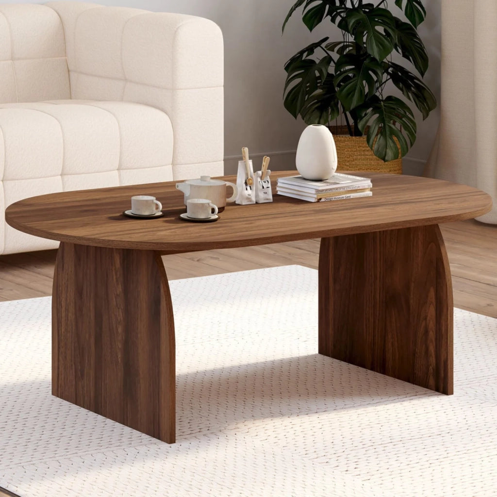 IDMarket - Tavolino japandi ovale EDITH da 110 cm in legno effetto noce