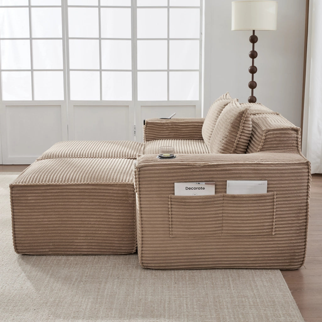 DIVANO modulare 2 posti 188x162x75 cm in corduroy khaki con 2 pouf