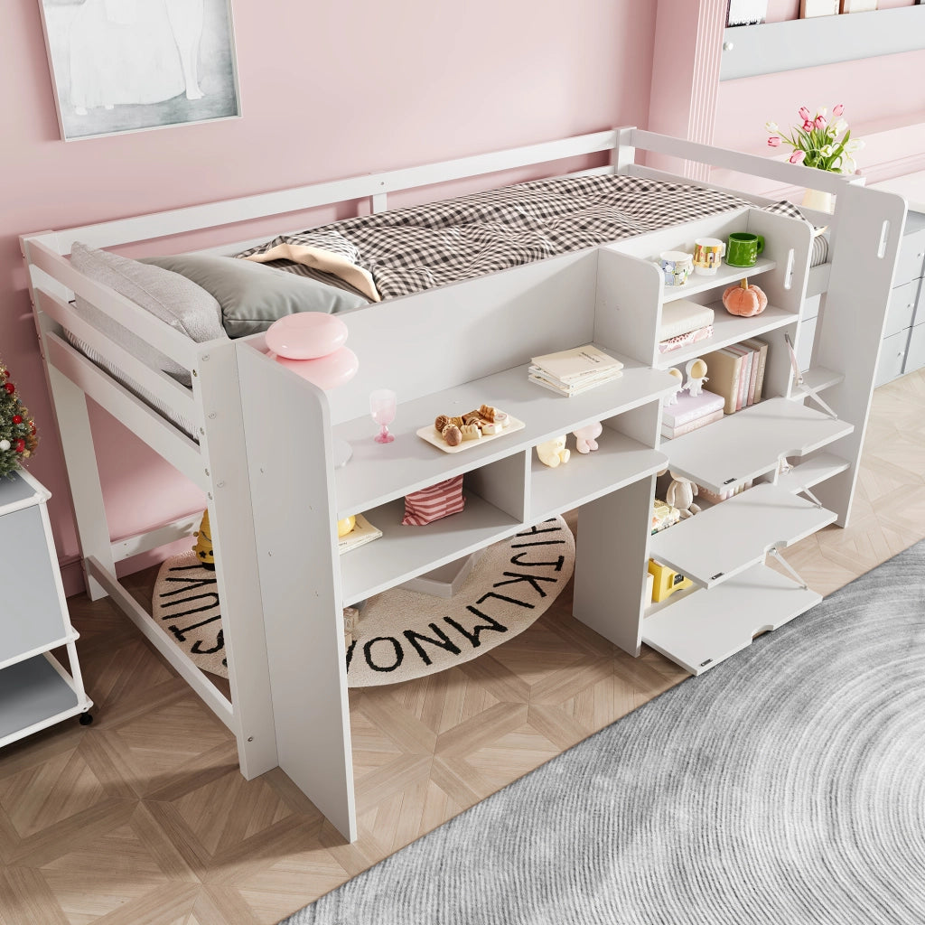 OKWISH Letto a Soppalco 90×200 cm, Letto Singolo con Contenitori, 3 Scomparti Chiusi e Mensole, senza Materasso, in Pino, Bianco