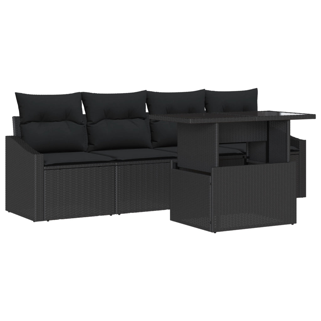 Set divano da giardino 5 pezzi con cuscini nero polyrattan