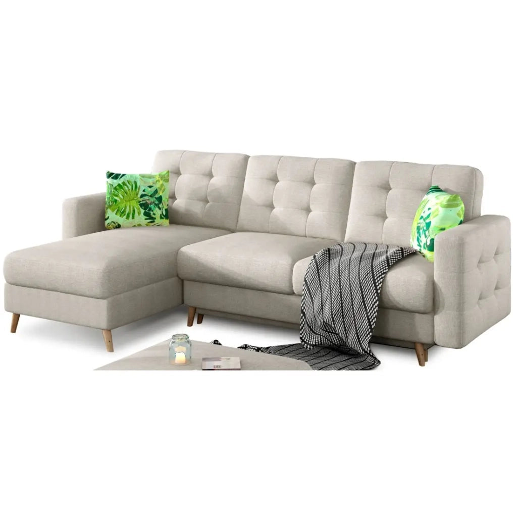 Divano angolare trasformabile HASGARD 3 posti beige 248x162 cm – con vano contenitore e piedi in legno