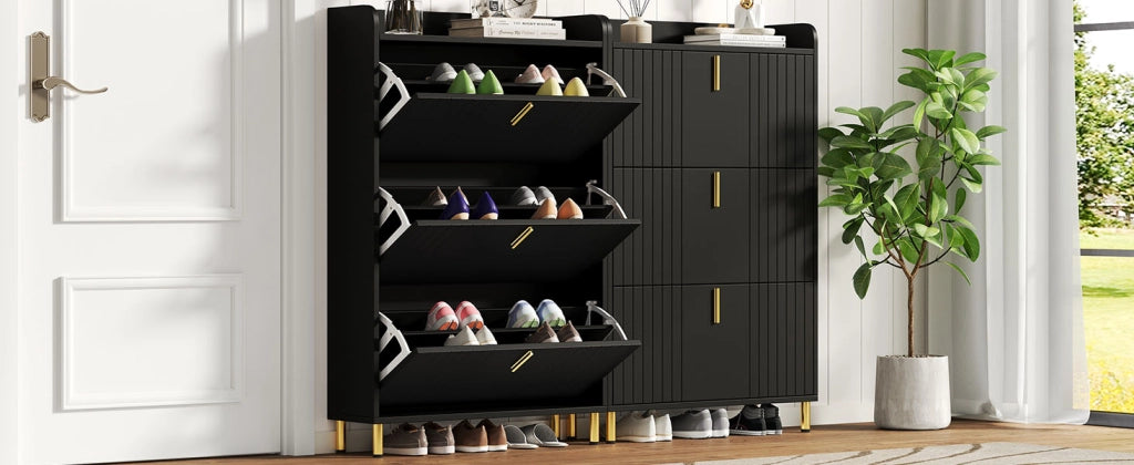 Set di 2 scarpiere salvaspazio a 3 ante ribaltabili, struttura regolabile, MDF, nero