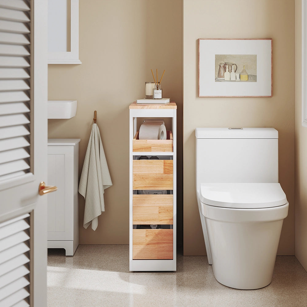 SoBuy | Mobiletto bagno salvaspazio bianco con 4 ruote | Mobile bagno con 3 cassetti | Cassettiera bagno a 2 ripiani | 23.2x65.3x82.0 cm | Capacità di carico 46 kg | BZR54-IV-WN