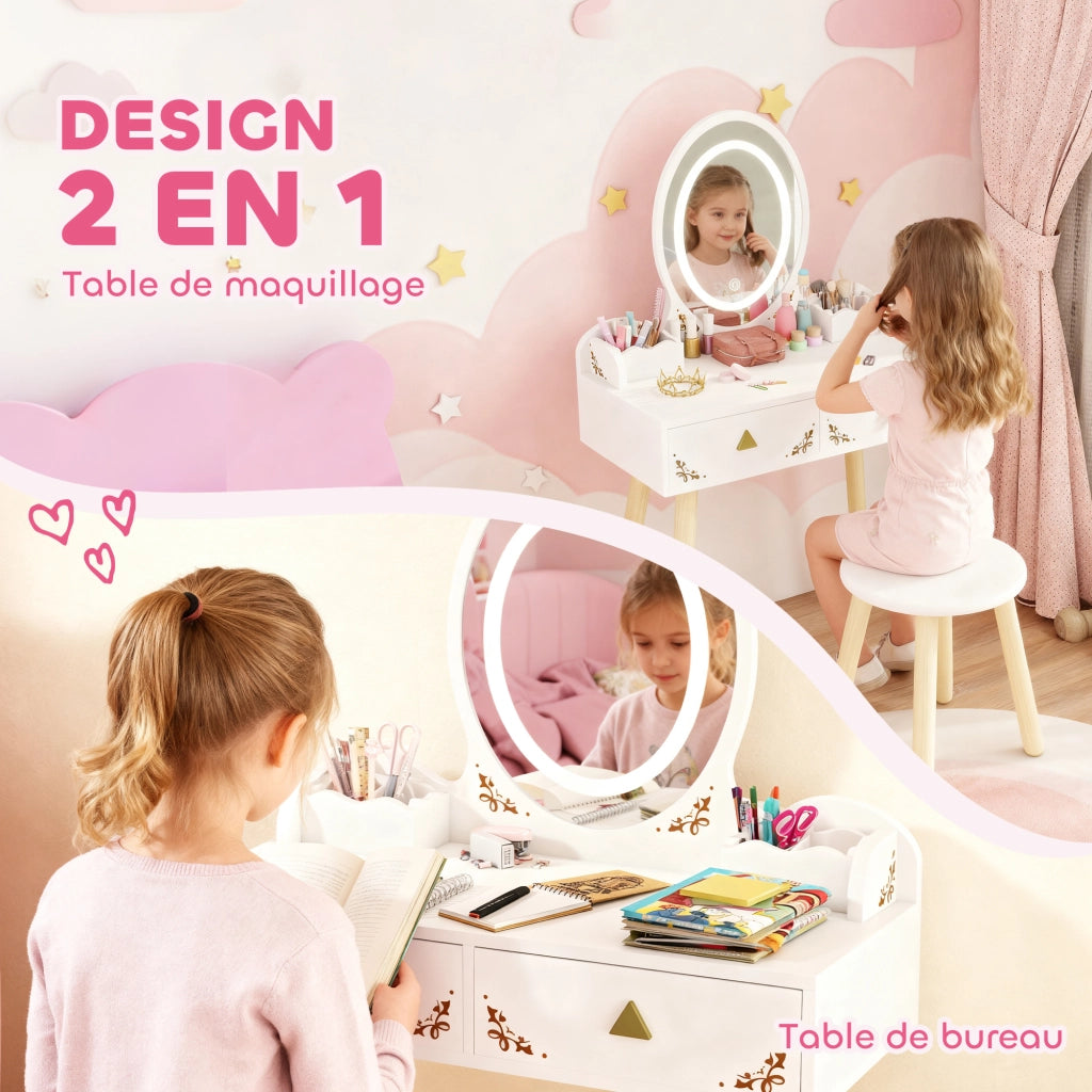 Scrivania per bambini con specchio LED e sgabello ¨C zephmum ¨C bianco 60x30x99,3 cm