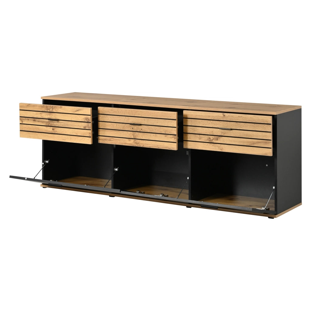 Mobile TV, 3 cassetti, adatto a televisori fino a 65 pollici, 168x38x59 cm, colore legno naturale e nero