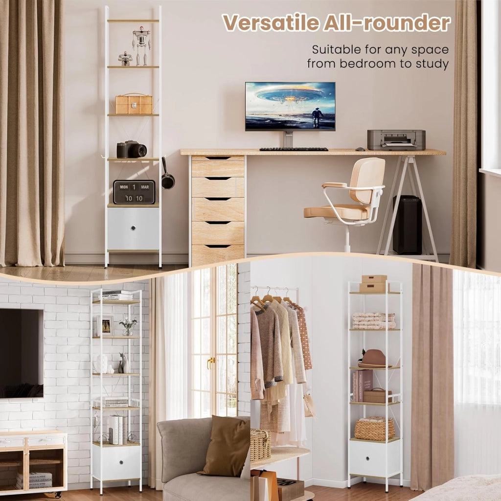 Libreria a 5 Piani, Scaffale ad Angolo Alto, Libreria Stretta con 1 Cassetto, Stile Moderno, Struttura in Acciaio, per Soggiorno, Ufficio, Studio, Camera da Letto, Rovere Chiaro+Bianco