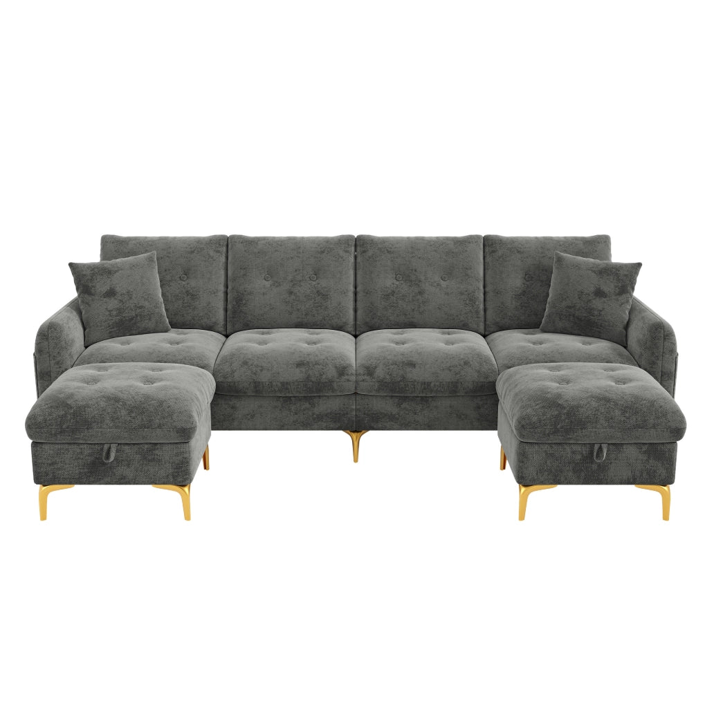 Divano modulare in ciniglia con 2 pouf contenitore; 263×137×85 cm; grigio