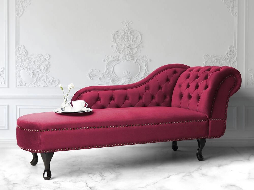 Chaise longue bordeaux  con bottoni in velluto a versione destra in stile moderno