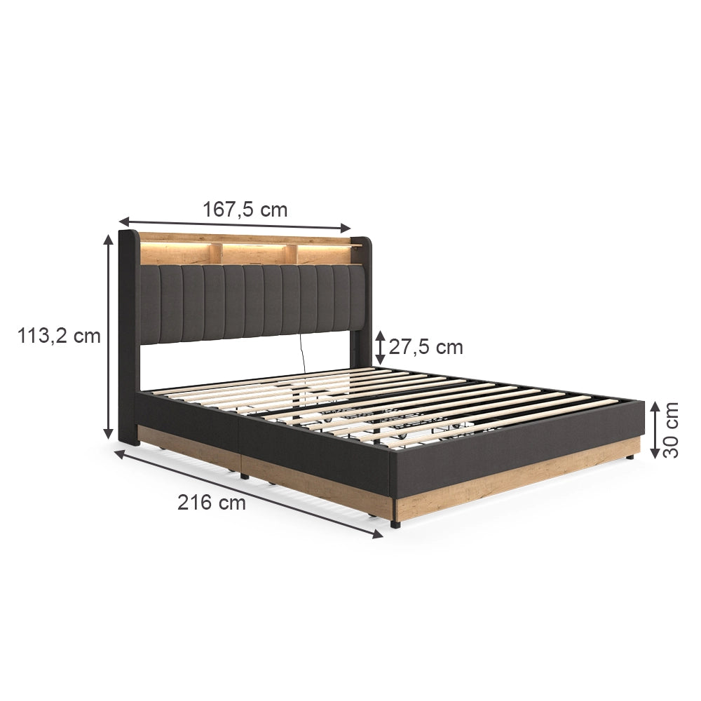 Vitalispa Letto imbottito Antracite 160x200 cm con 4 cassetti