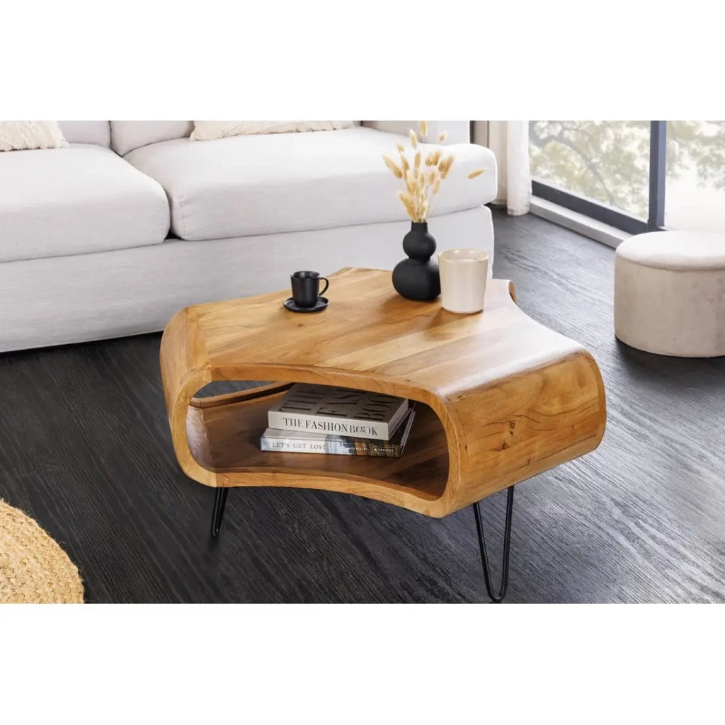 Tavolino basso NERA 70 cm in legno massiccio di acacia con nicchia e piedi in metallo nero – stile retro industriale
