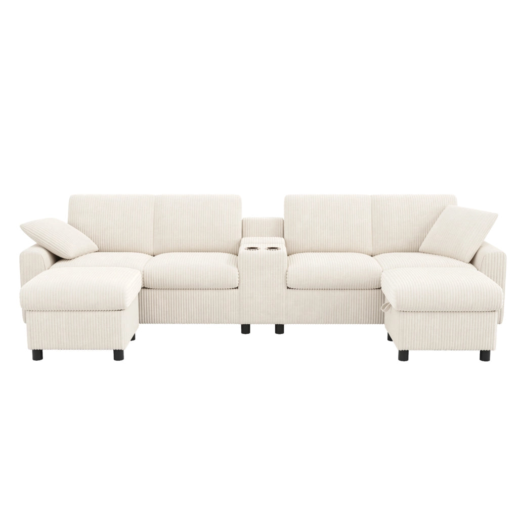Divano a U in velluto a coste beige con ricarica e 2 pouf