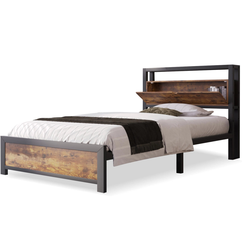 Letto singolo 90x200 cm; testiera con ripiani; metallo e legno; colore naturale (Senza materasso)