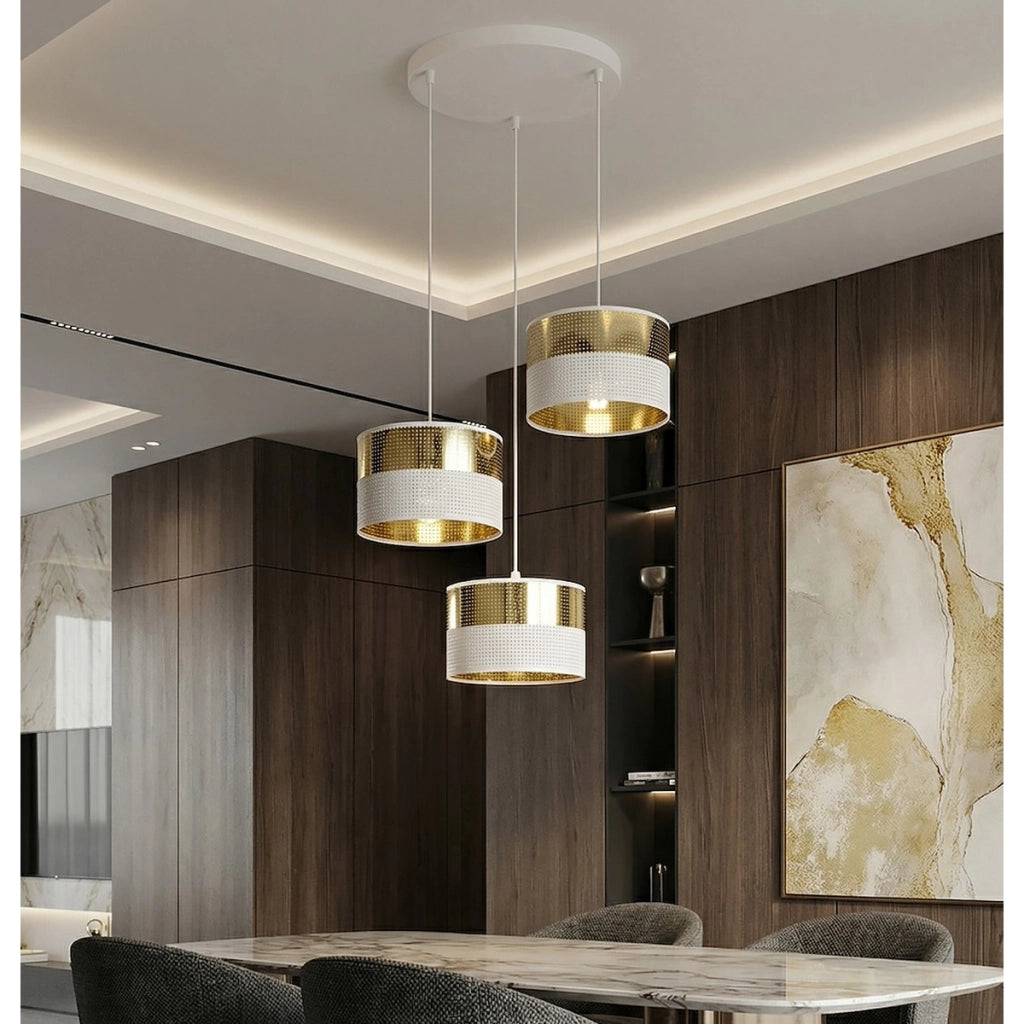 Lampada a sospensione Lux in acciaio bianco e oro