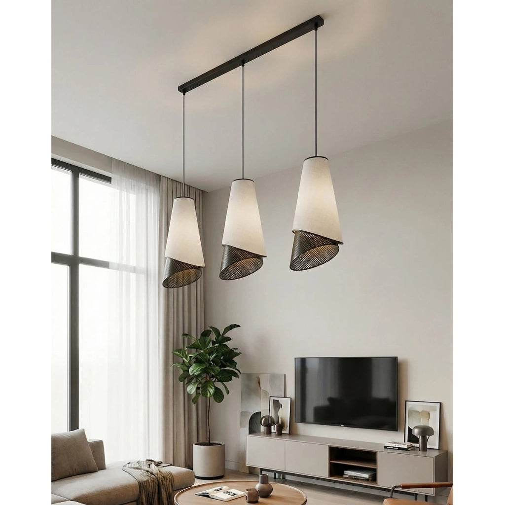 Lampada a sospensione MODA in acciaio e tessuto grigio