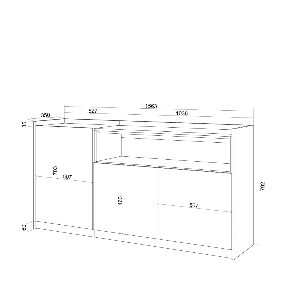 Credenza, Mobile, Cucina, 156x80x37 cm, 3 Porte, LED, Rovere e nero