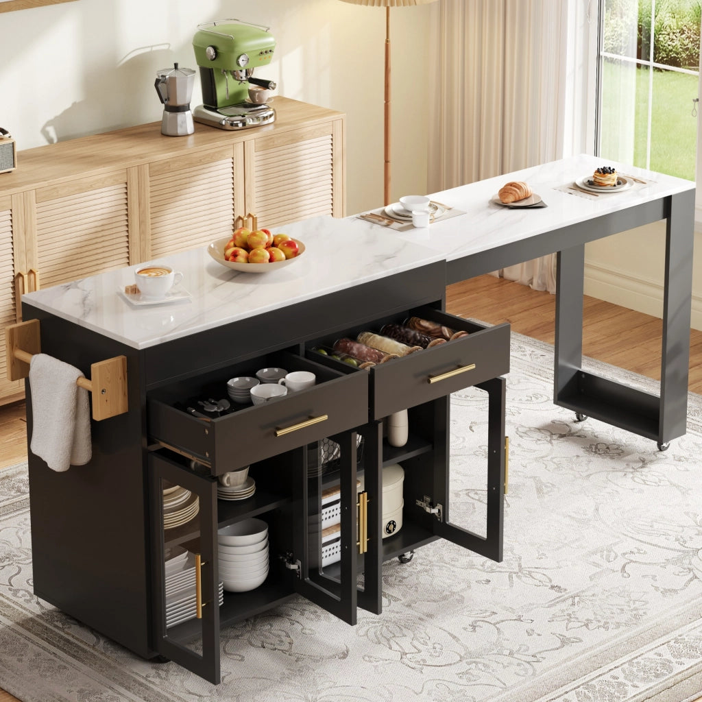 Isola da cucina mobile allungabile con piano estraibile, porta con vetrine, cassetti e ruote, nero