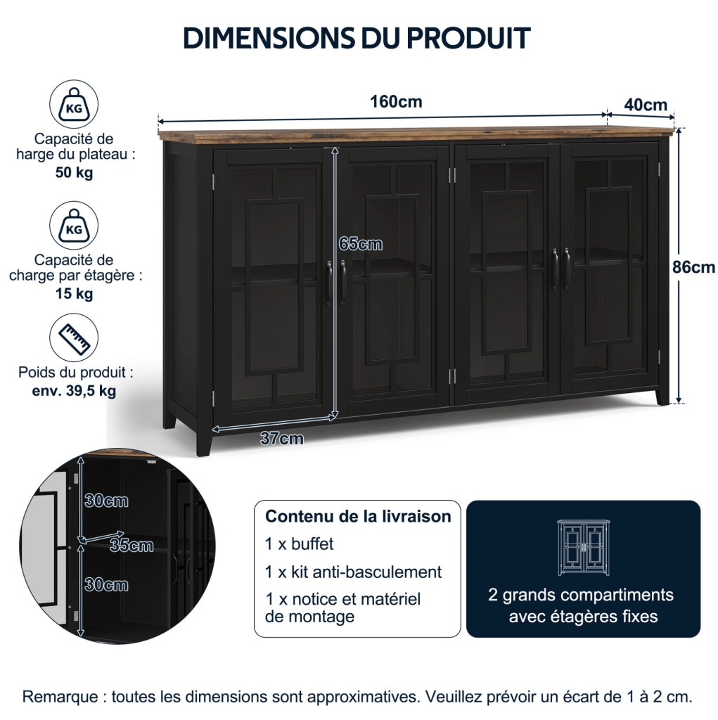 Credenza 160x40x86 cm con ante in vetro e sistema antiribaltamento in MDF nera