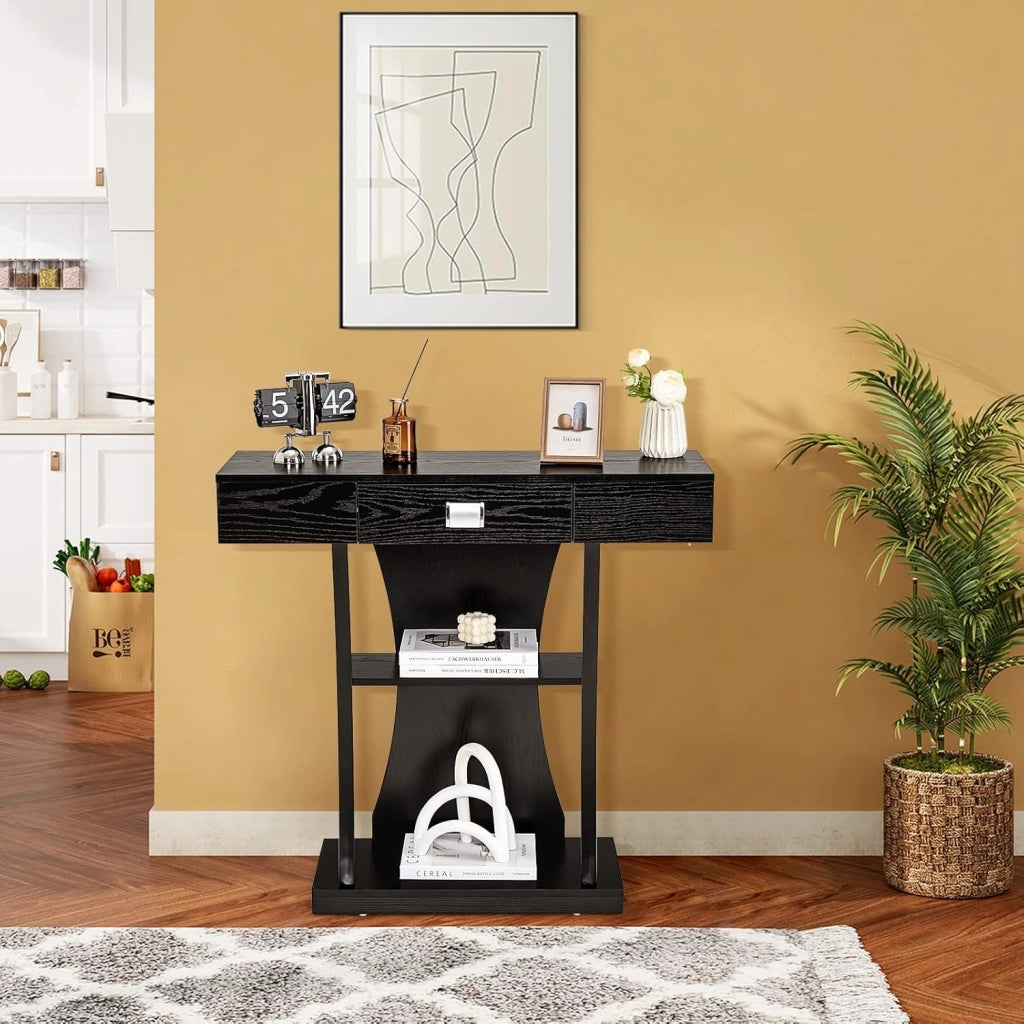 Tavolo consolle in legno vintage con cassetti e 2 ripiani, tavolo da pavimento industriale con telaio in metallo, tavolino sottile con protezione antiribaltamento, 91 x 30 x 88 cm (nero)