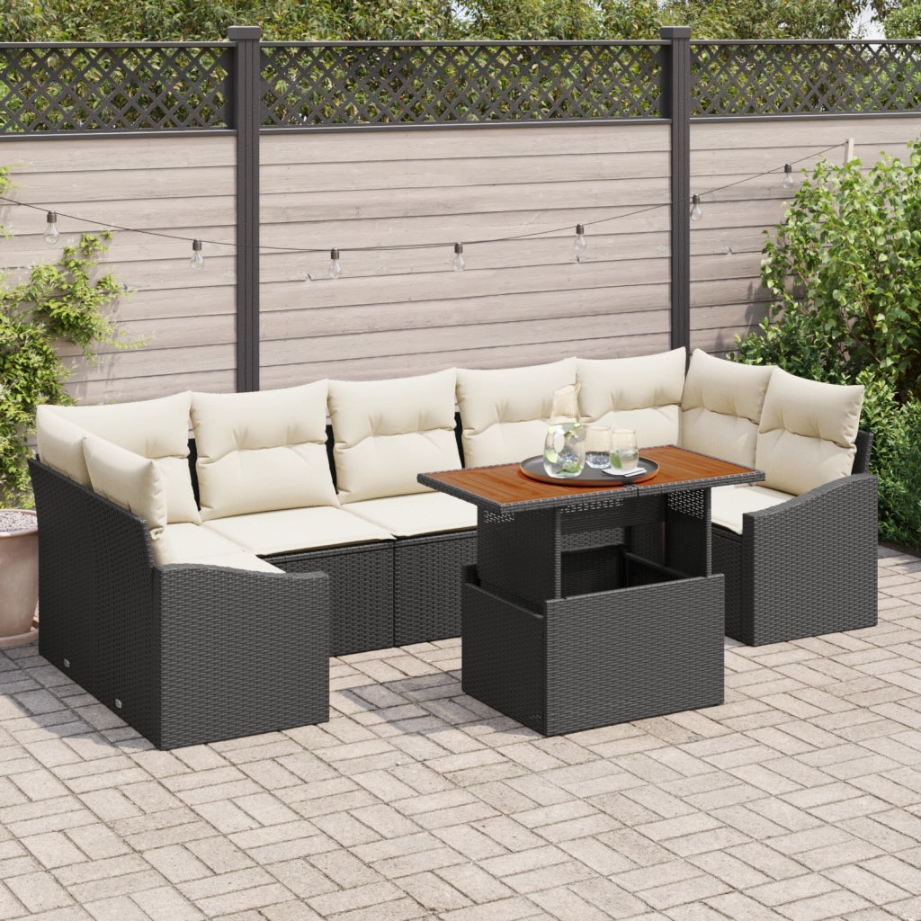 Set Divano da Giardino 8 Pezzi con Cuscini Nero Polyrattan