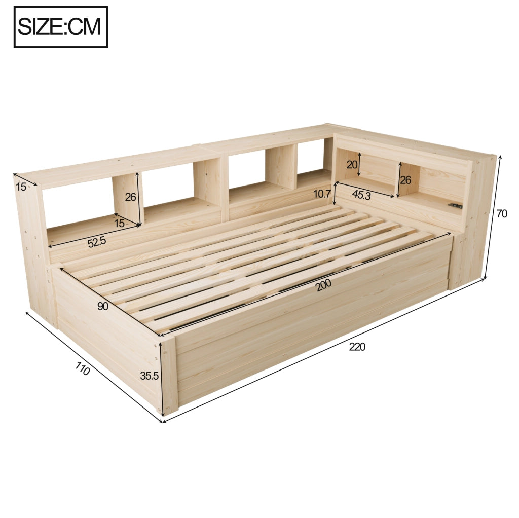 Letto multifunzione 90x200 cm con presa; LED e contenitori in MDF colore naturale