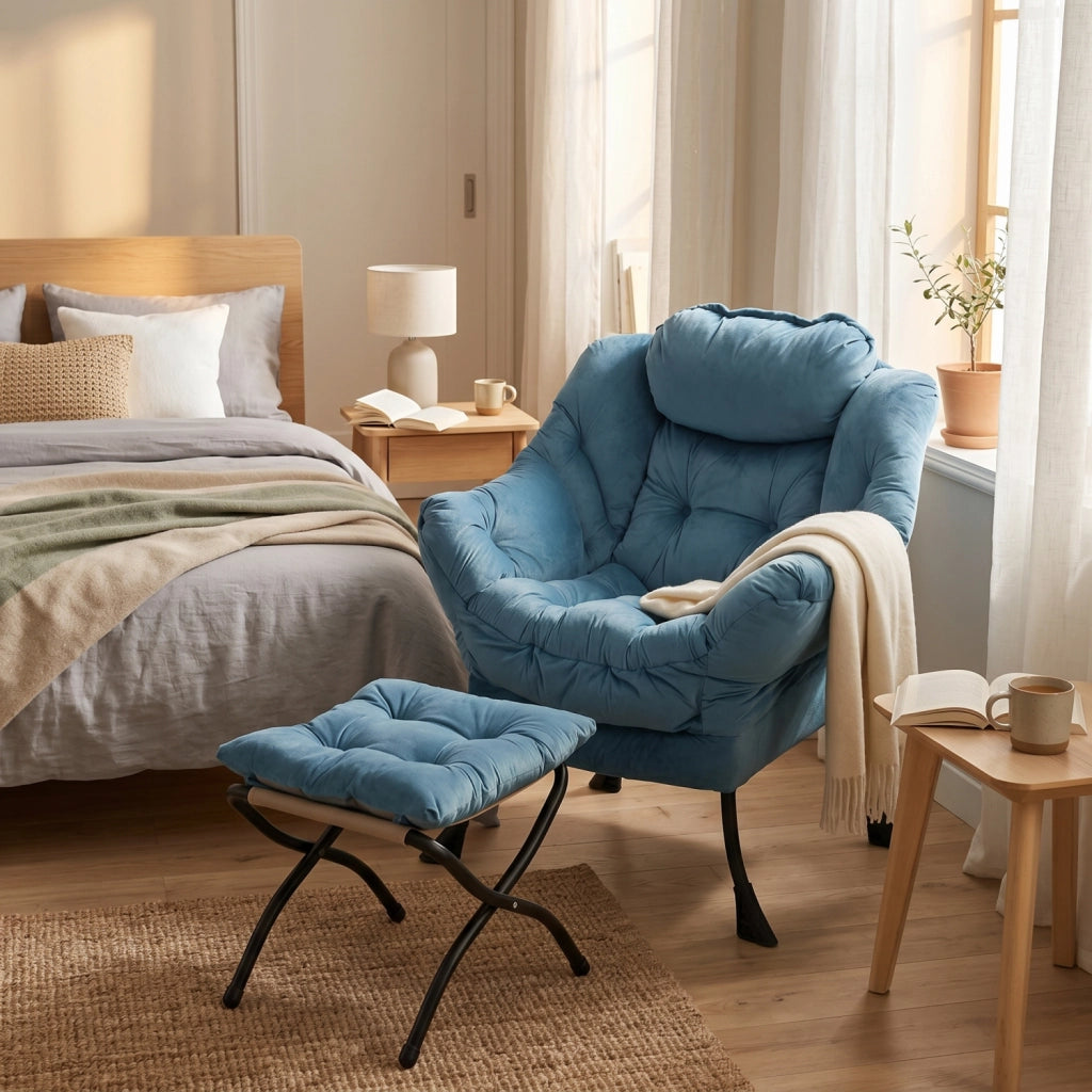 SEDIA Relax con Pouf Blu in Tessuto e Metallo