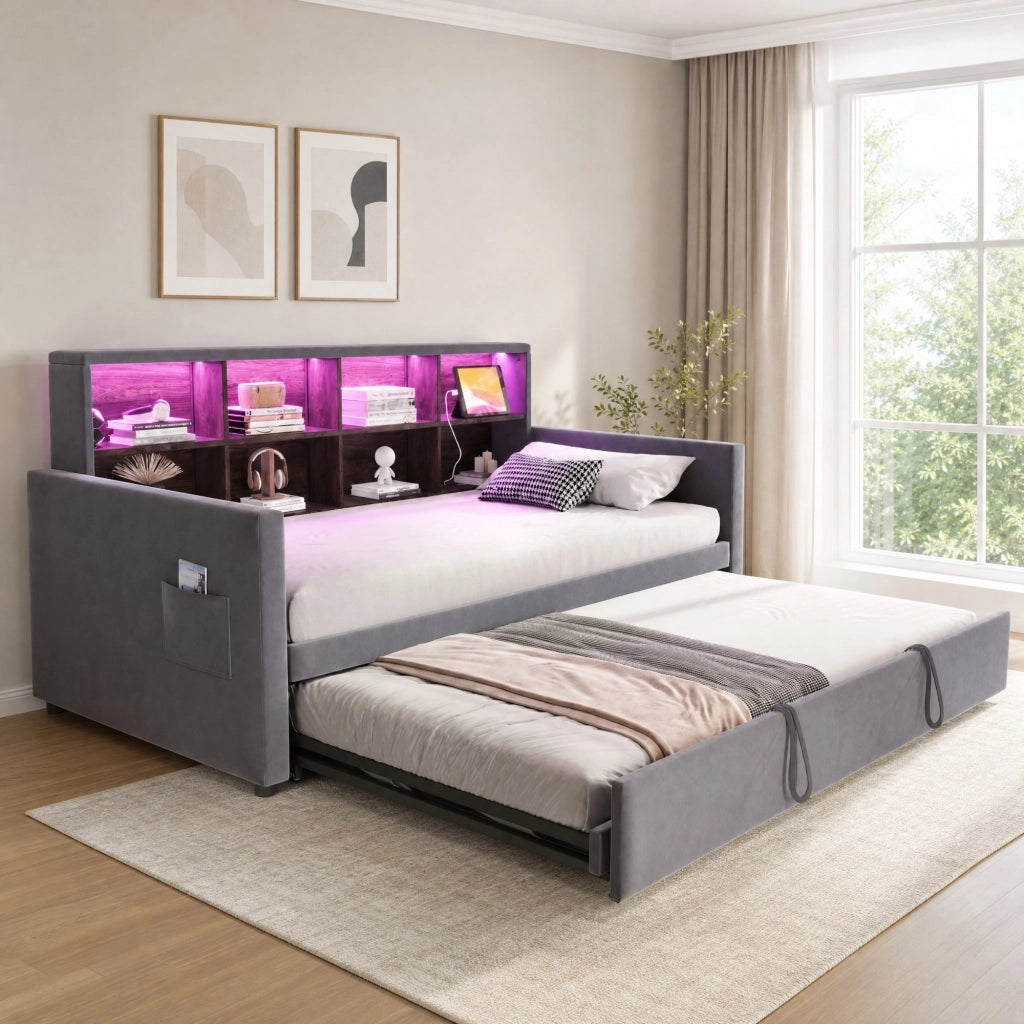 Letto imbottito 90x190 cm con letto estraibile, testiera con vani portaoggetti, LED e prese, velluto grigio scuro
