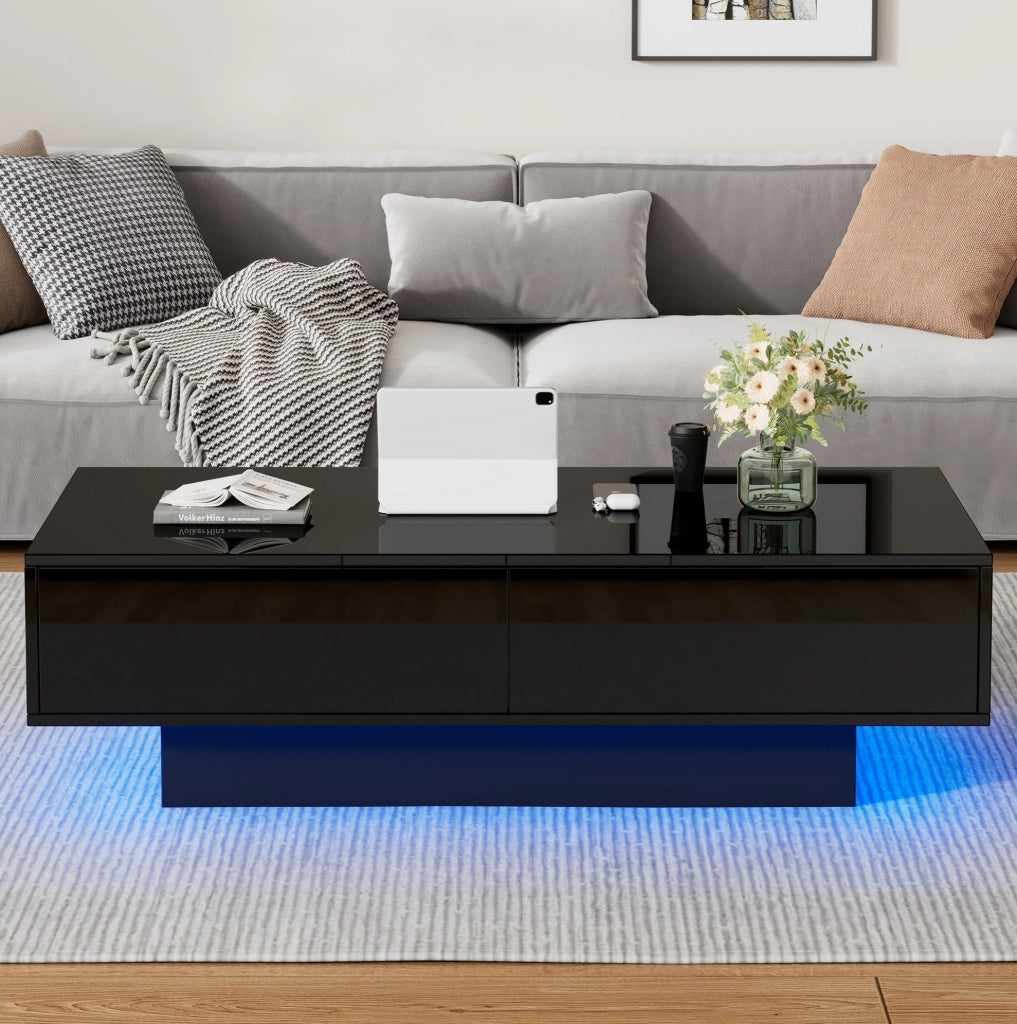 Tavolino da salotto nero lucido con LED e due cassetti