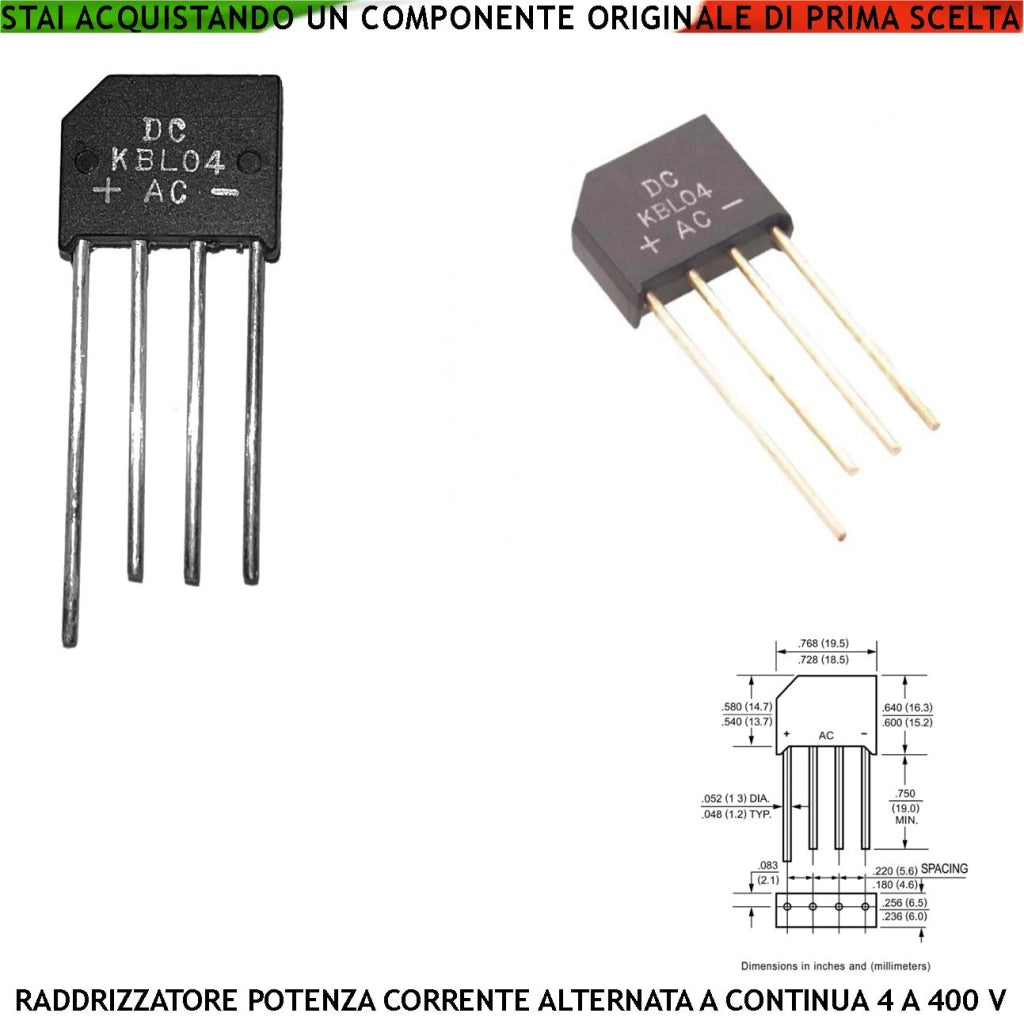 Raddrizzatore Monofase Serie KBL04 Ponte Diodi Contenitore Ermetico 4 Reofori Montaggio su Circuito Stampato Tramite Fori Passanti a Saldare Tensione Lavoro 400 Vca 4 Amper Risponde alla Norma ROHS3