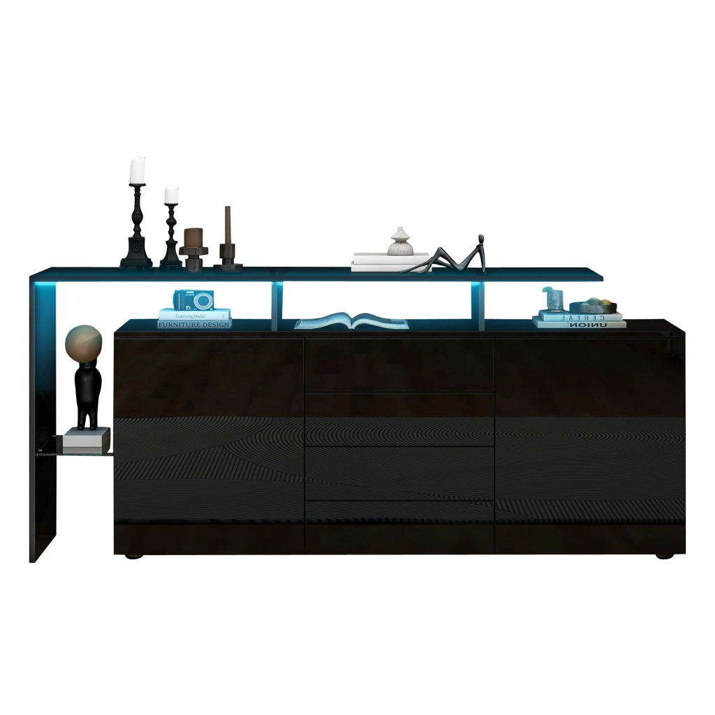 Comò Sideboard con LED, Mobile Soggiorno Nero Lucido, Credenza TV Highboard Multiuso