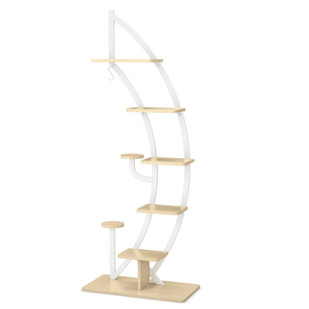Scaffale in metallo per piante alto a 7 livelli-Scaffale a forma di mezza luna curva con gancio superiore Bianco