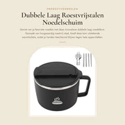Ramenkom Dubbele Laag - Noedelschuim in Acciaio Inossidabile - Progettazione Antiscaldante Innovativa - Coperchio Funzionale - Fessura per Telefono - Isolamento Termico - Noedelkom