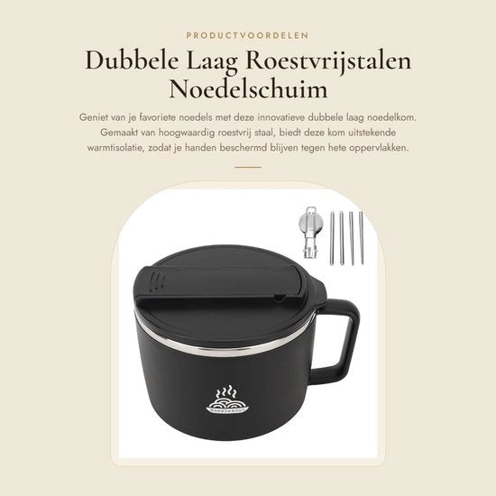 Ramenkom Dubbele Laag - Noedelschuim in Acciaio Inossidabile - Progettazione Antiscaldante Innovativa - Coperchio Funzionale - Fessura per Telefono - Isolamento Termico - Noedelkom