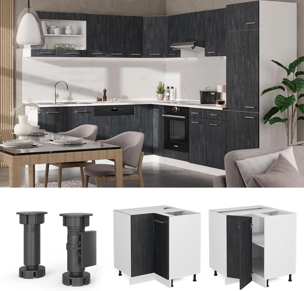 Mobile ad angolo cucina R-Line, Calcestruzzo nero, 75.6 cm PL Marmo, per la libera combinazione all'interno di sistemi cucina modulari