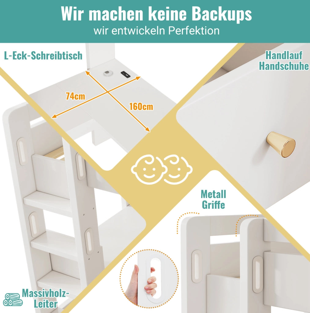 Letto a soppalco 90x200 cm con scrittoio a L; ripiani; cassetti e USB/Type-C; bianco