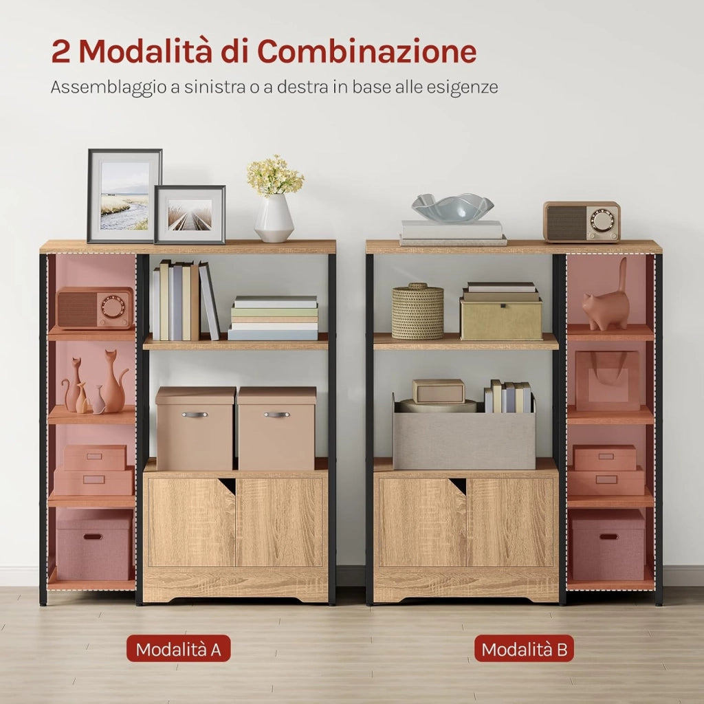 Scaffale Moderno con Ripiani e Armadietto, Scaffale Divisorio 80x35x97 cm, Stile Industriale, Struttura in Metallo, Nero + Rovere Chiaro, RGB08hei
