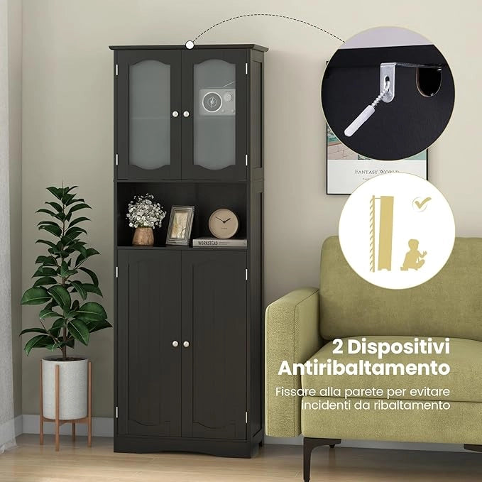 Armadietto Salvaspazio 60 x 30 x 164cm, Mobile Bagno con Scomparti Aperti, Ripiani Regolabili e 2 Porte in Vetro Temprato, Armadio da Bagno per Ufficio, Soggiorno e Camera da Letto (Nero)