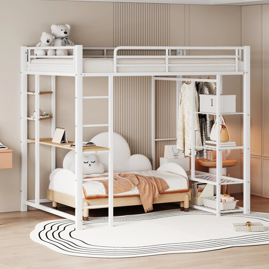Letto a castello metallico bianco con scrivania e vani portaoggetti 140x200 cm