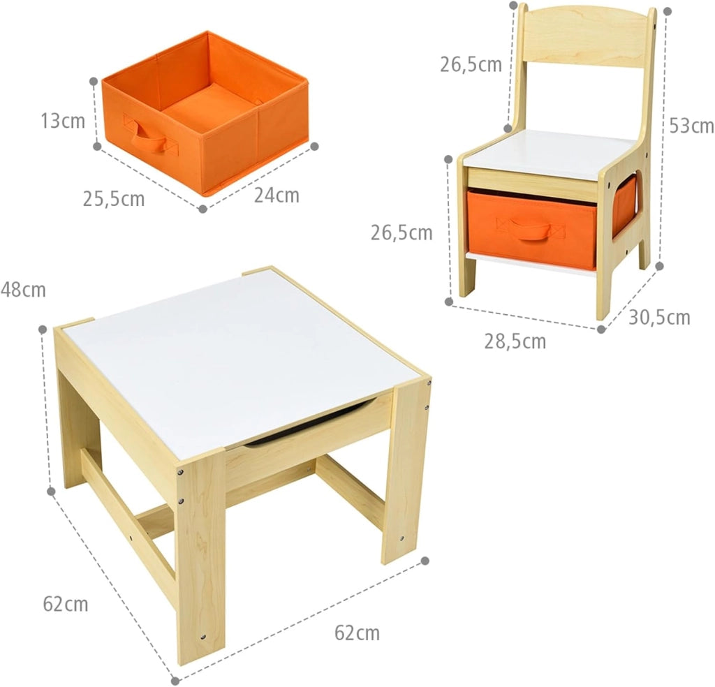 Tavolino Bambini 3 in 1, Set Tavolo e Sedie per Bambini con Lavagna Rimovibile e 2 Sedie con Cestini Portaoggetti, Scrivania Multiuso per Cameretta e Soggiorno (Legno)