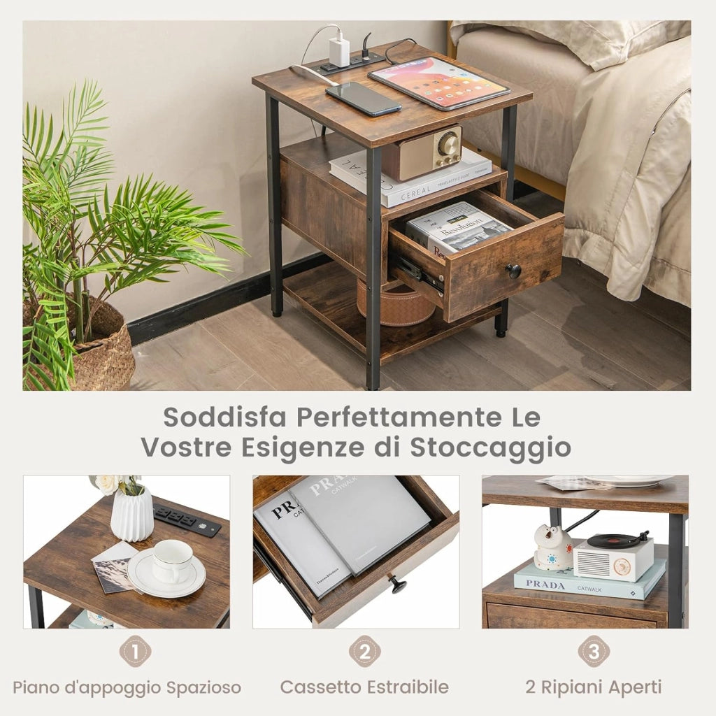 Comodino a 3 Piani con Stazione di Ricarica, Tavolino in Legno con Ripiani Aperti e Cassetto, Tavolino con Struttura in Metallo Robusto per Camera da Letto, Soggiorno e Studio, Naturale (1)