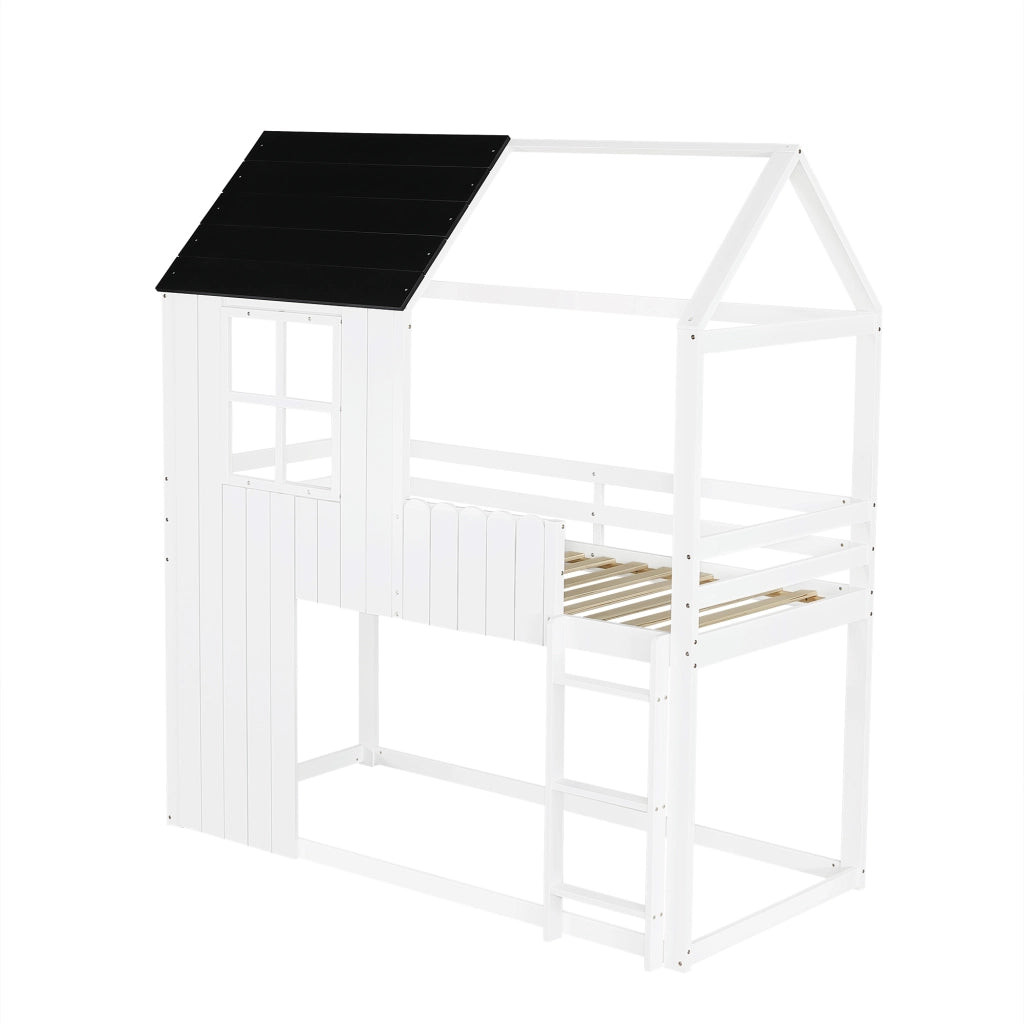 Letto a Soppalco 90x200 cm - Scala a 3 Gradini e Recinzione - in Legno - Bianco e Nero