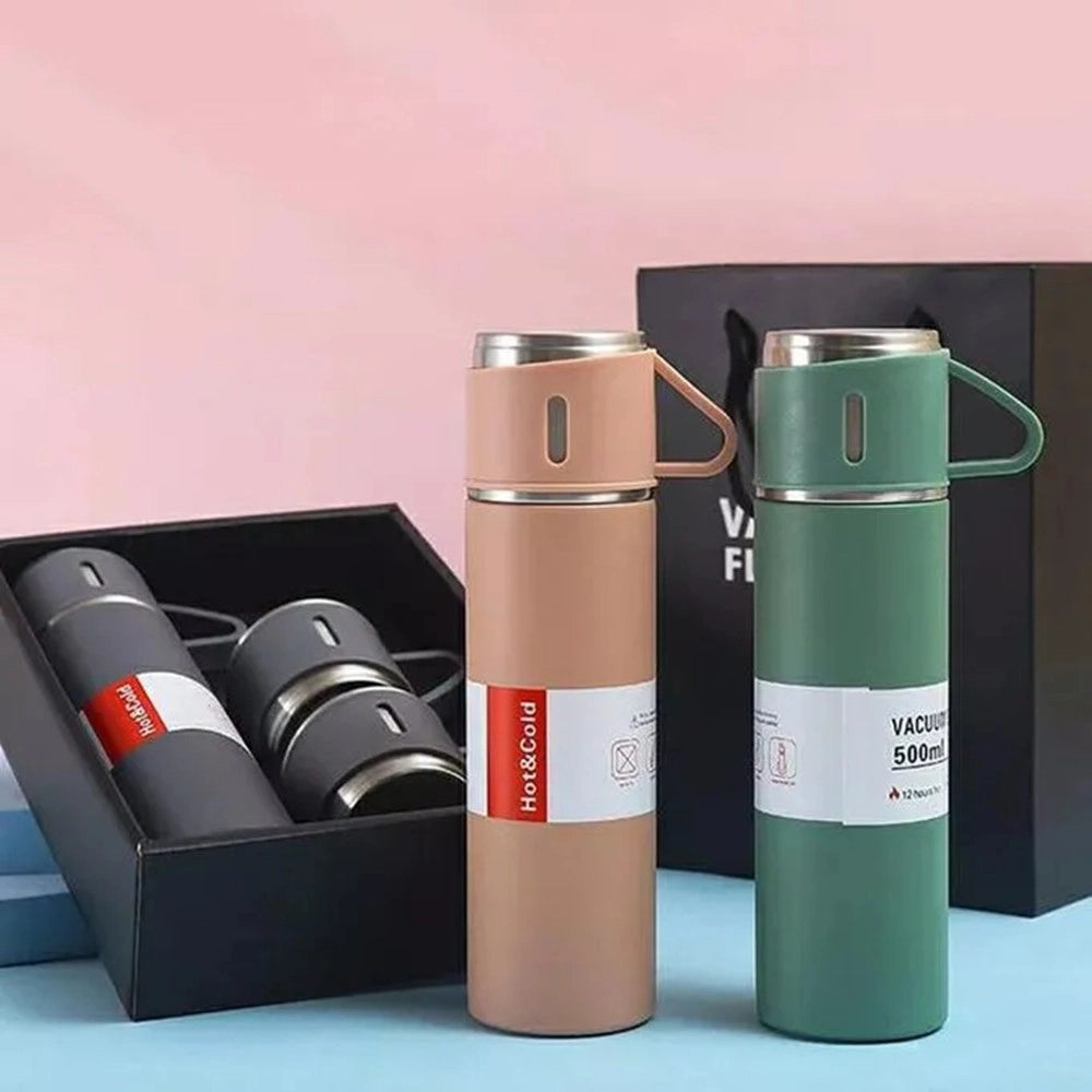 Trade Shop - Set Thermos In Acciaio Infrangibile A Doppia Parete Da 500 Ml Con 2 Tazze Termiche Regalo -