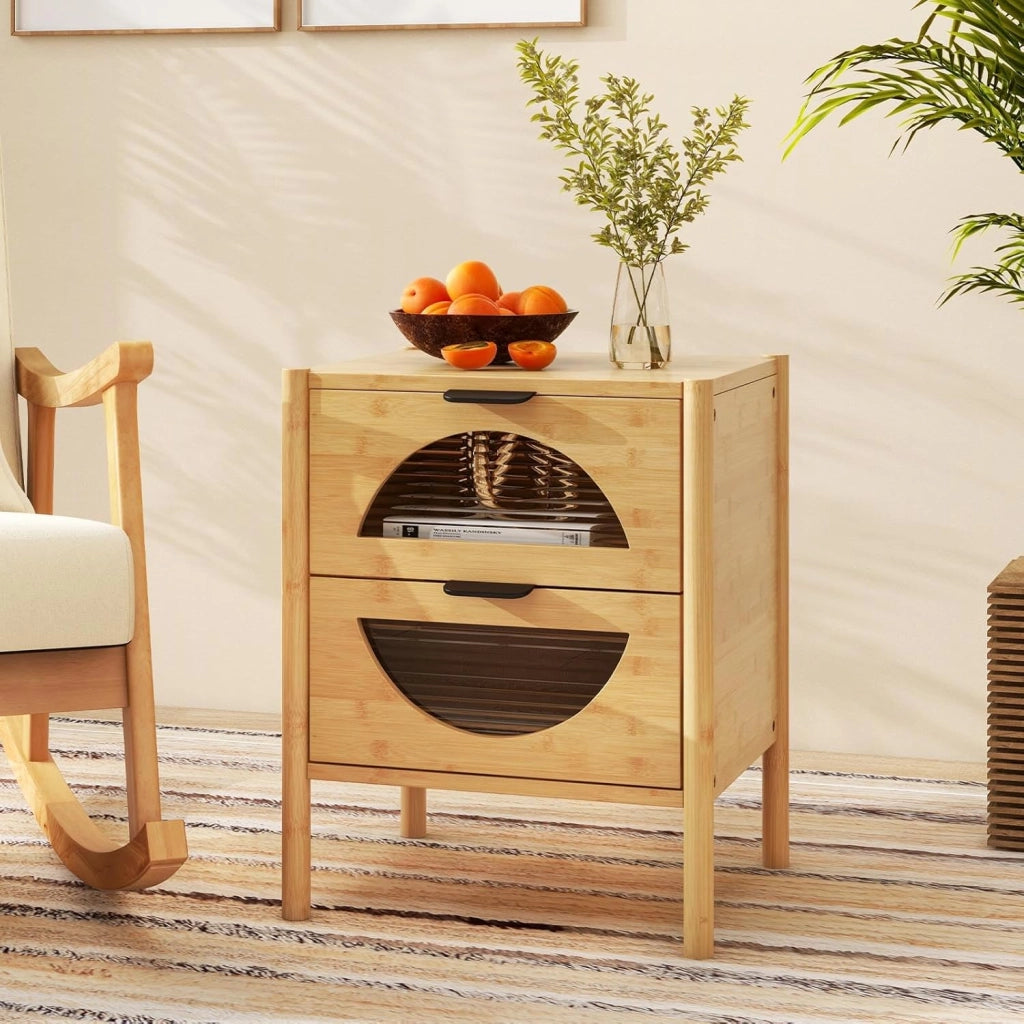 Comodino in bambù, tavolino con 1/2 cassetti in vetro temperato, comodino per camera da letto, soggiorno, naturale (con 2 cassetti)