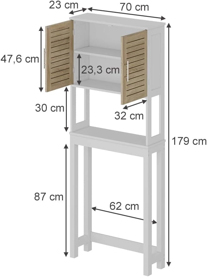 Armadietto per toilette Looma, Bianco/quercia, 70 x 180 cm con 2 scomparti chiusi, utilizzabile come armadio sovrapponibile per lavatrice o WC