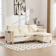 Divano modulare a L 3 posti con pouf contenitore; ciniglia beige e chaise longue reversibile