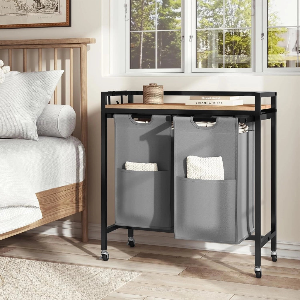 Cesto Portabiancheria, 2 Sacchi in Tessuto Oxford Rimovibili, Porta Biancheria, Struttura in Metallo, per Bagno e Lavanderia, 70x30x71cm, Capacità 40L per Cesto