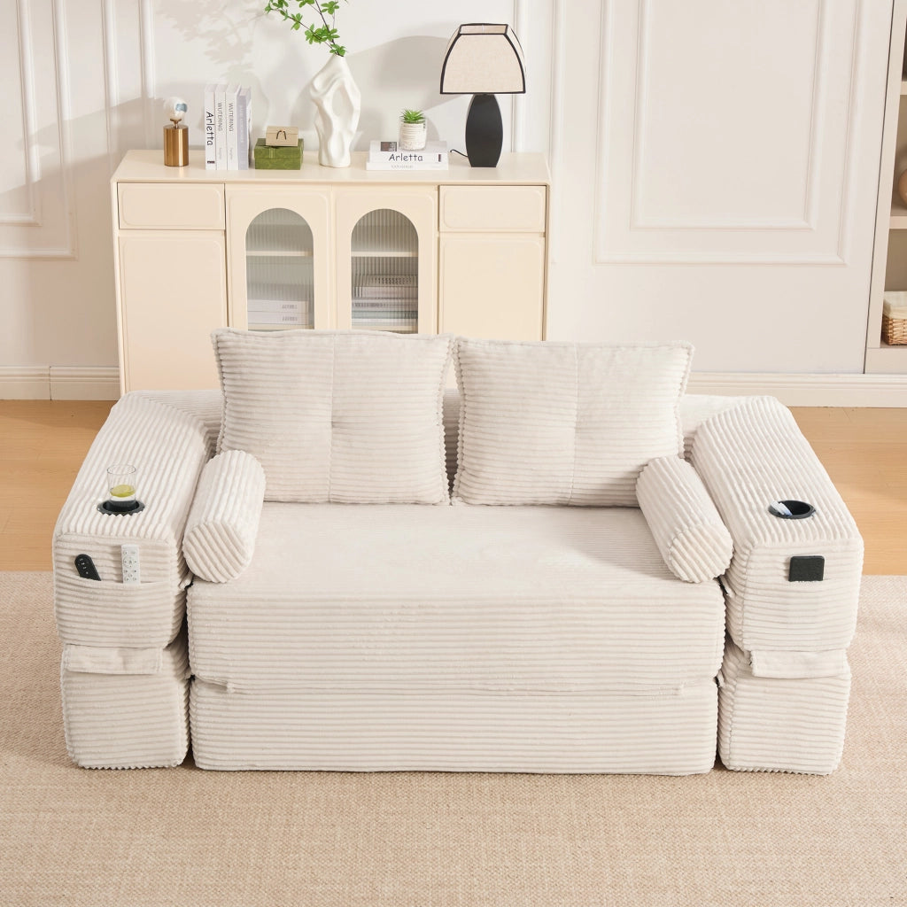 Divano letto 2 posti - con tasche laterali e portabicchieri - in velluto a coste beige