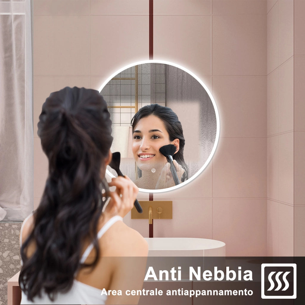 AICA Specchio da bagno 60 x 60 cm, 3 colori, antiappannamento, dimmerabile, interruttore touch, Funzione Memoria