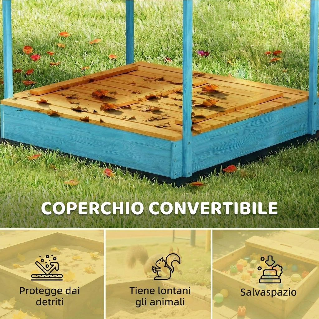 Casetta Sabbiera per Bambini con Tettuccio Dinosauri ¨C zephmum ¨C Legno di Abete, Blu, 134.5x127.5x130 cm